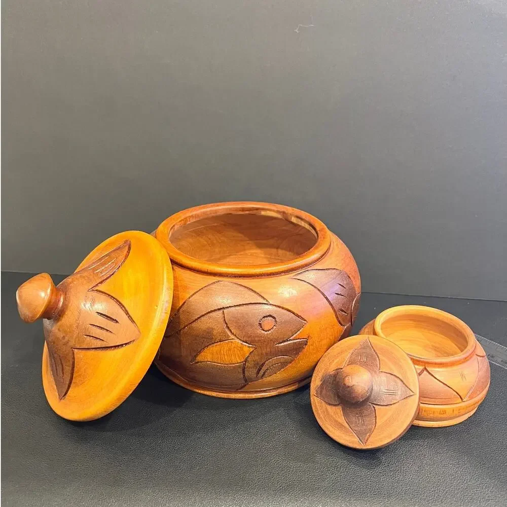 Haitian Hand-Carved Two Toned Monkey Pod Wood Lidded Bowls Vintage Folk Art Fish